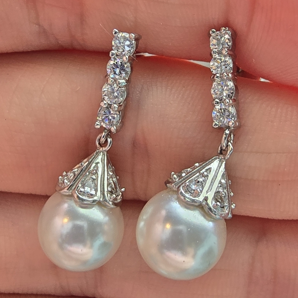 Elegant White Pearl Drop Earrings with Crystal Accents